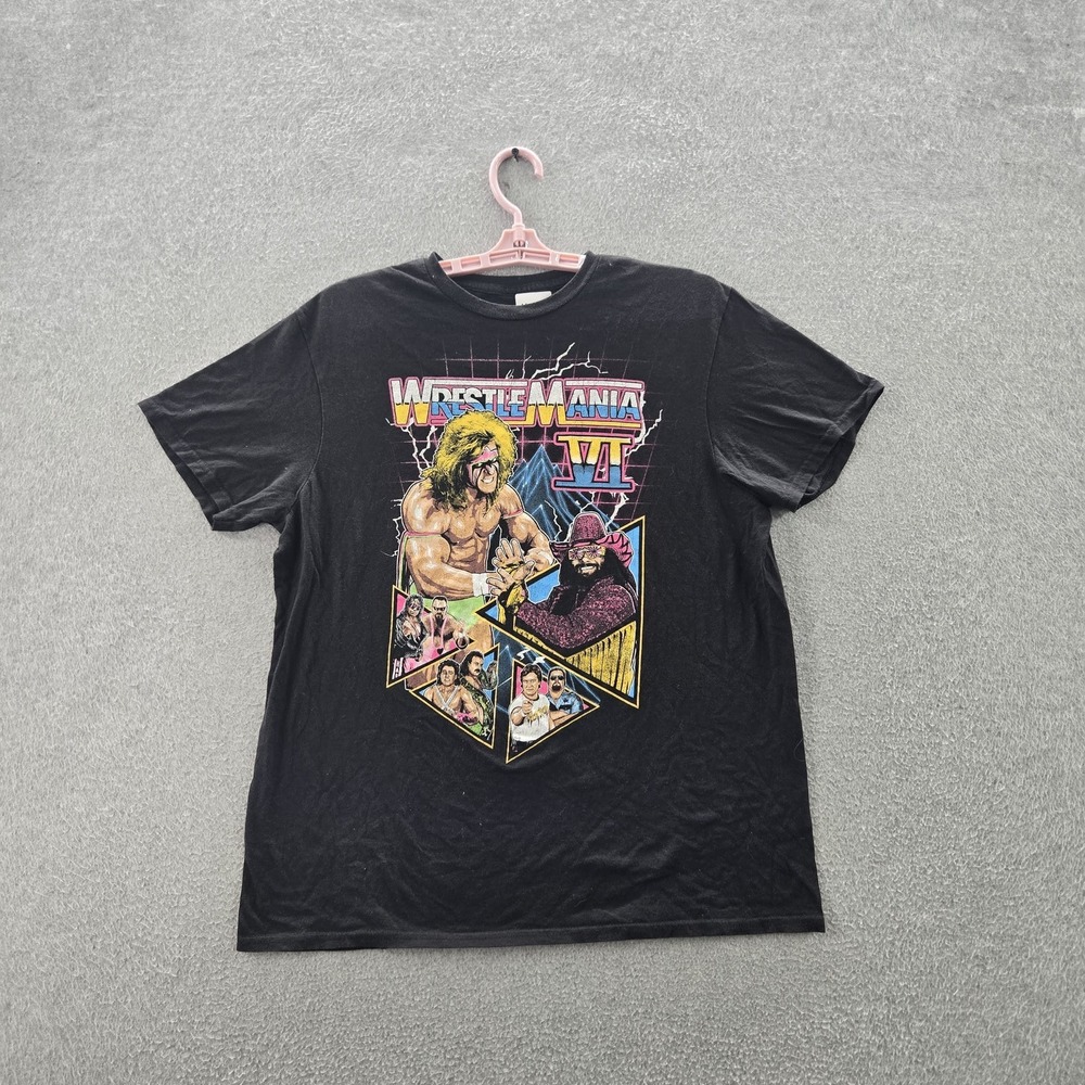 WWE Men Shirt L Black Graphic Print Wrestlemania VI Short Sleeve Logo